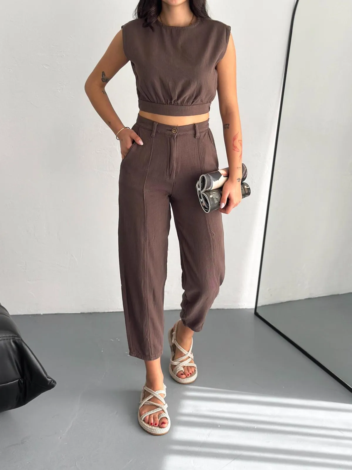 Gabardin Bluz Kahverengi