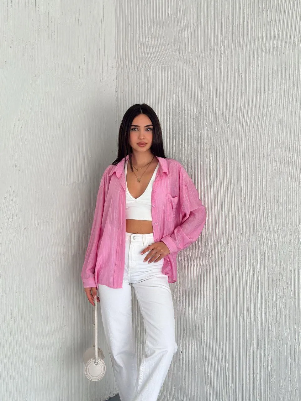 Siena Kumaş Yazlık Cepli ve Düğmeli Kadın Gömlek Canlı Pembe