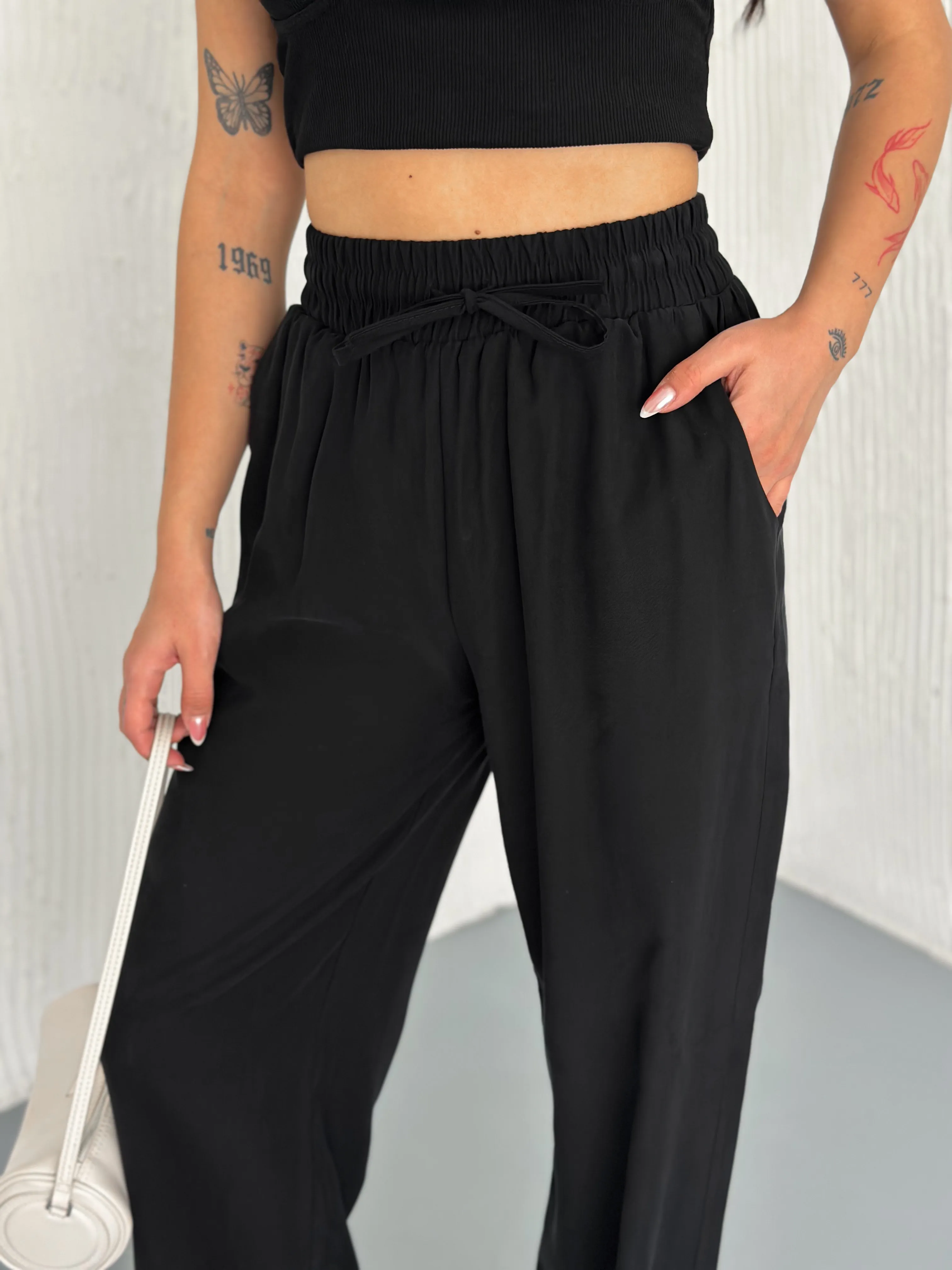 Beli Lastikli Tensel Pantolon Siyah