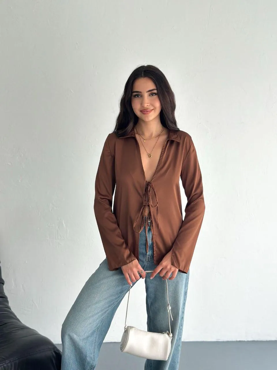 Bağlamalı Saten Gömlek  Kahverengi