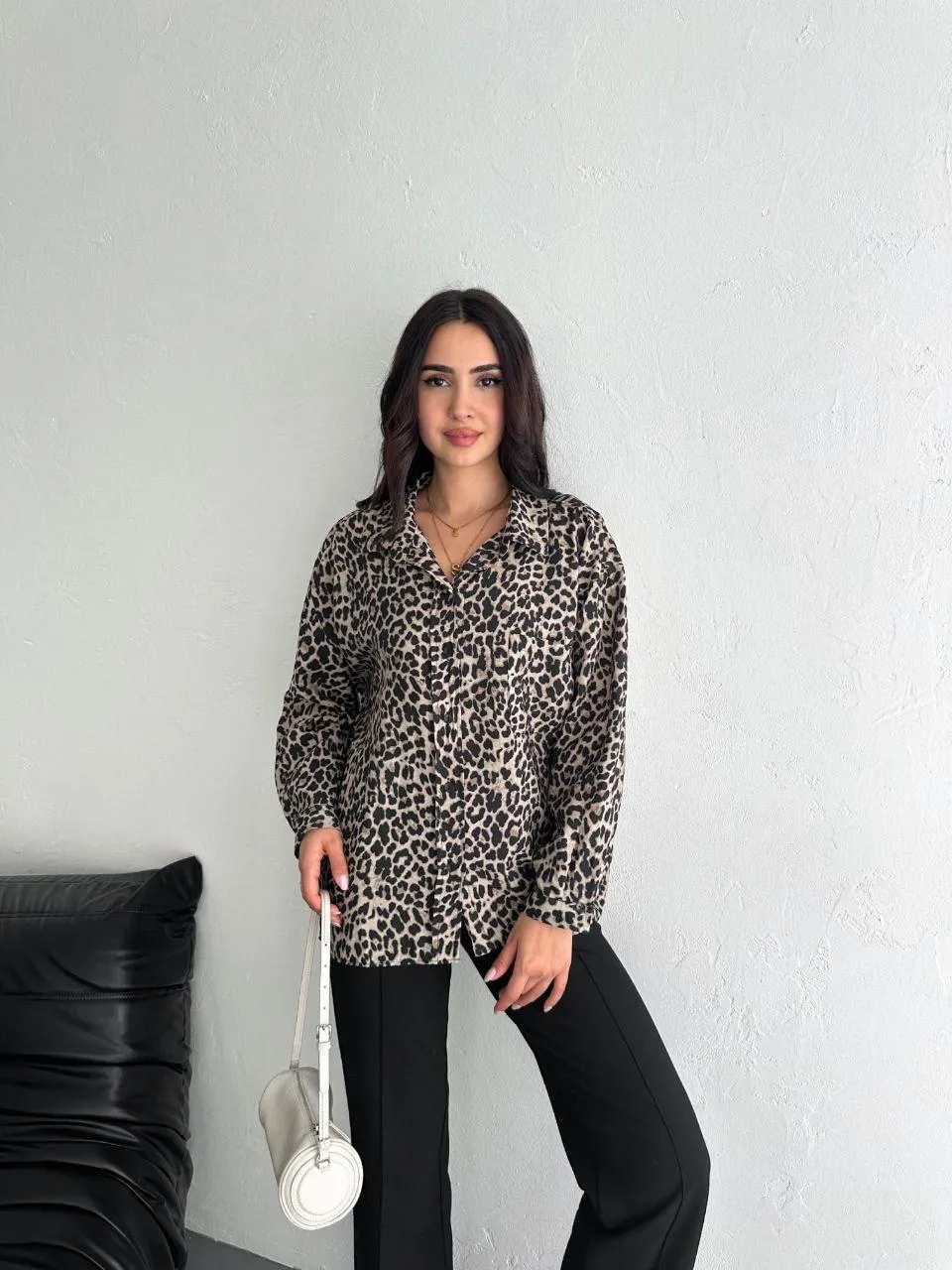 Leopar Desen Gömlek  Kahverengi&Bej