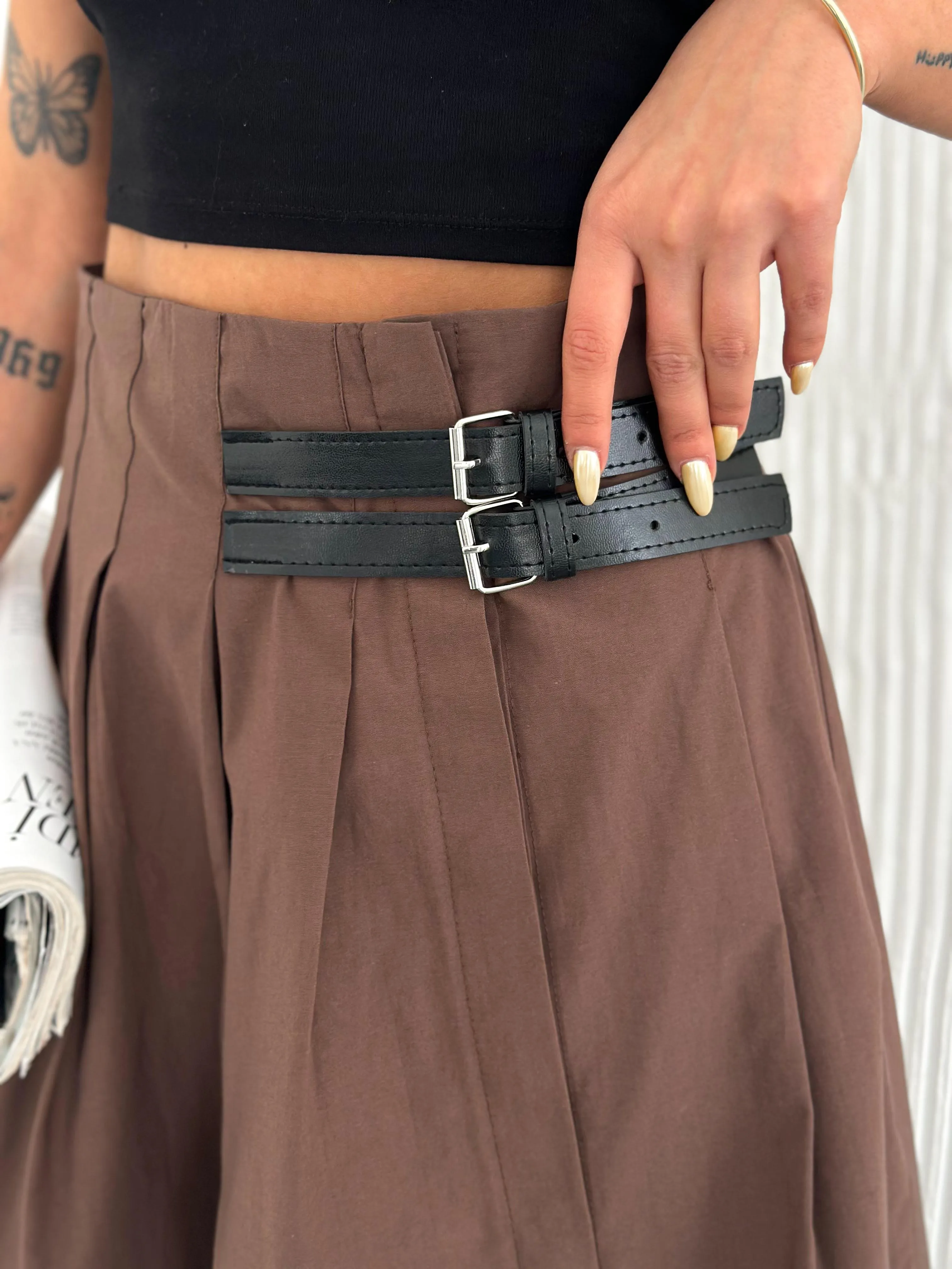 Yanı Kemer Detaylı Papırtaç Kemer  Brown