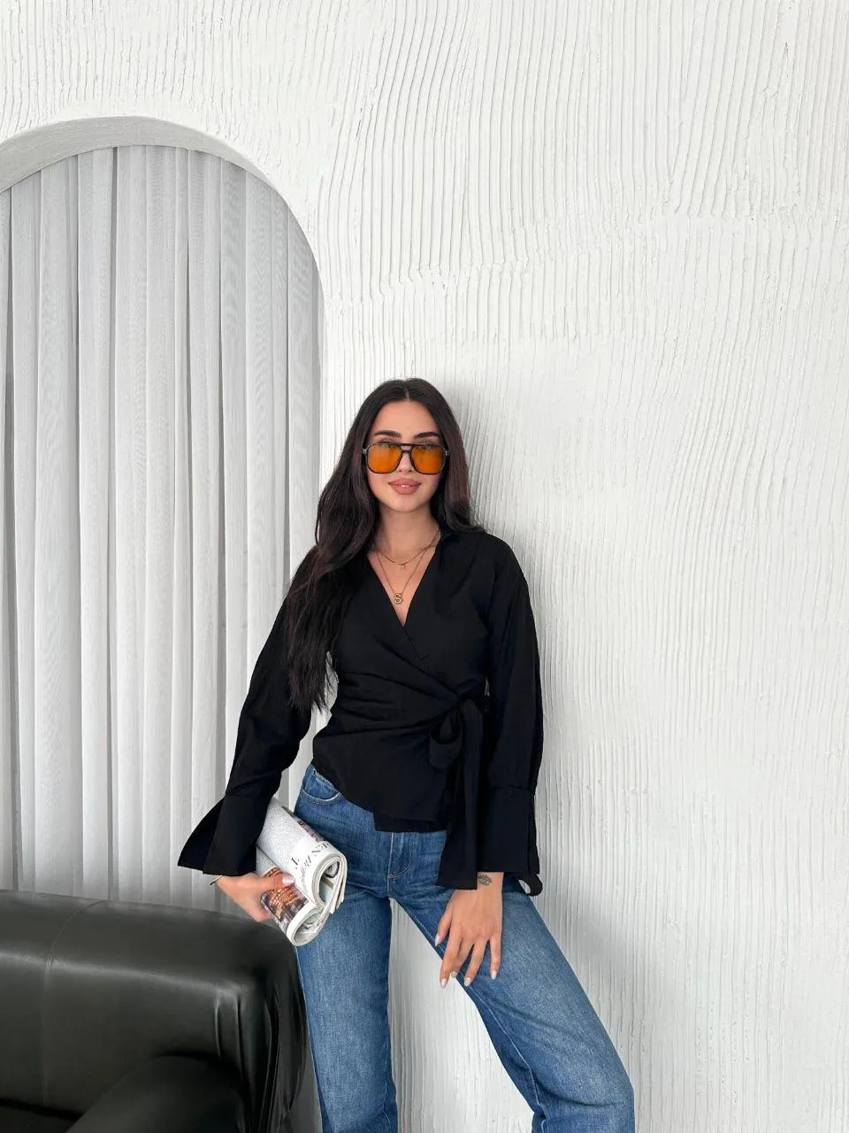 Yan Bağlamalı Mango Kumaş Gömlek  Siyah