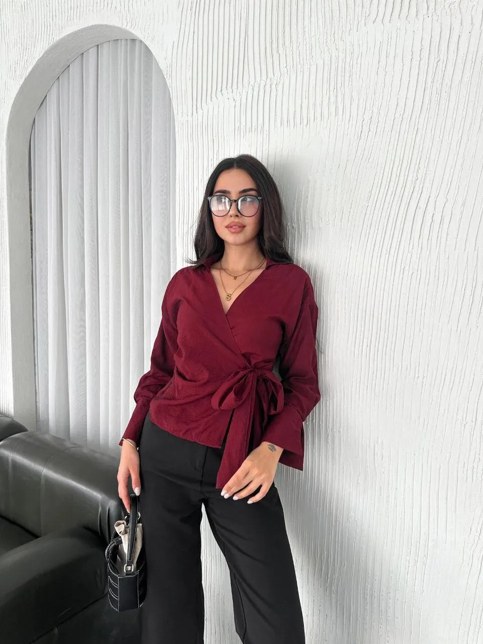 Yan Bağlamalı Mango Kumaş Gömlek  Bordo