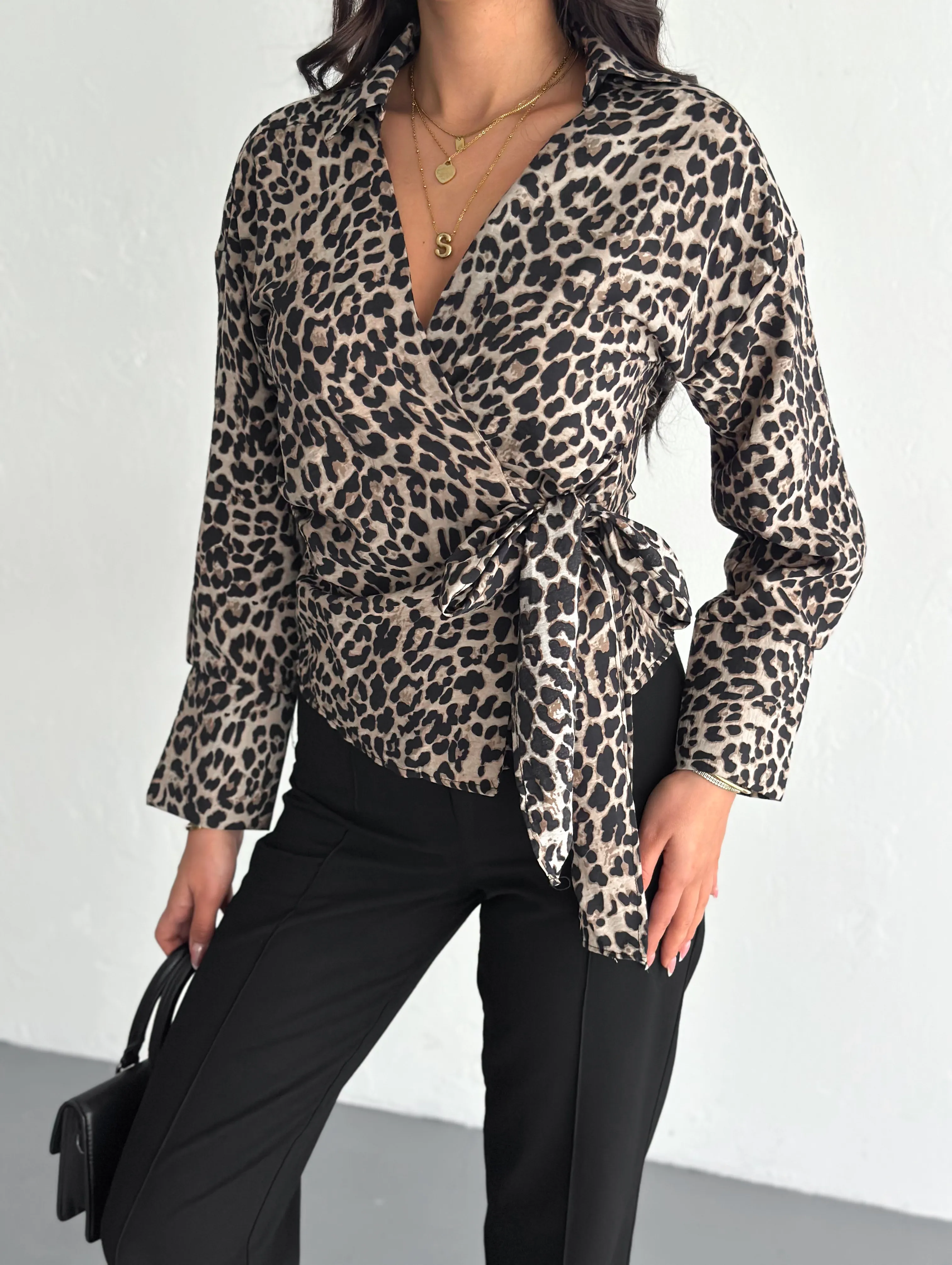 Leopar Kumaş Gömlek  Kahverengi&Bej