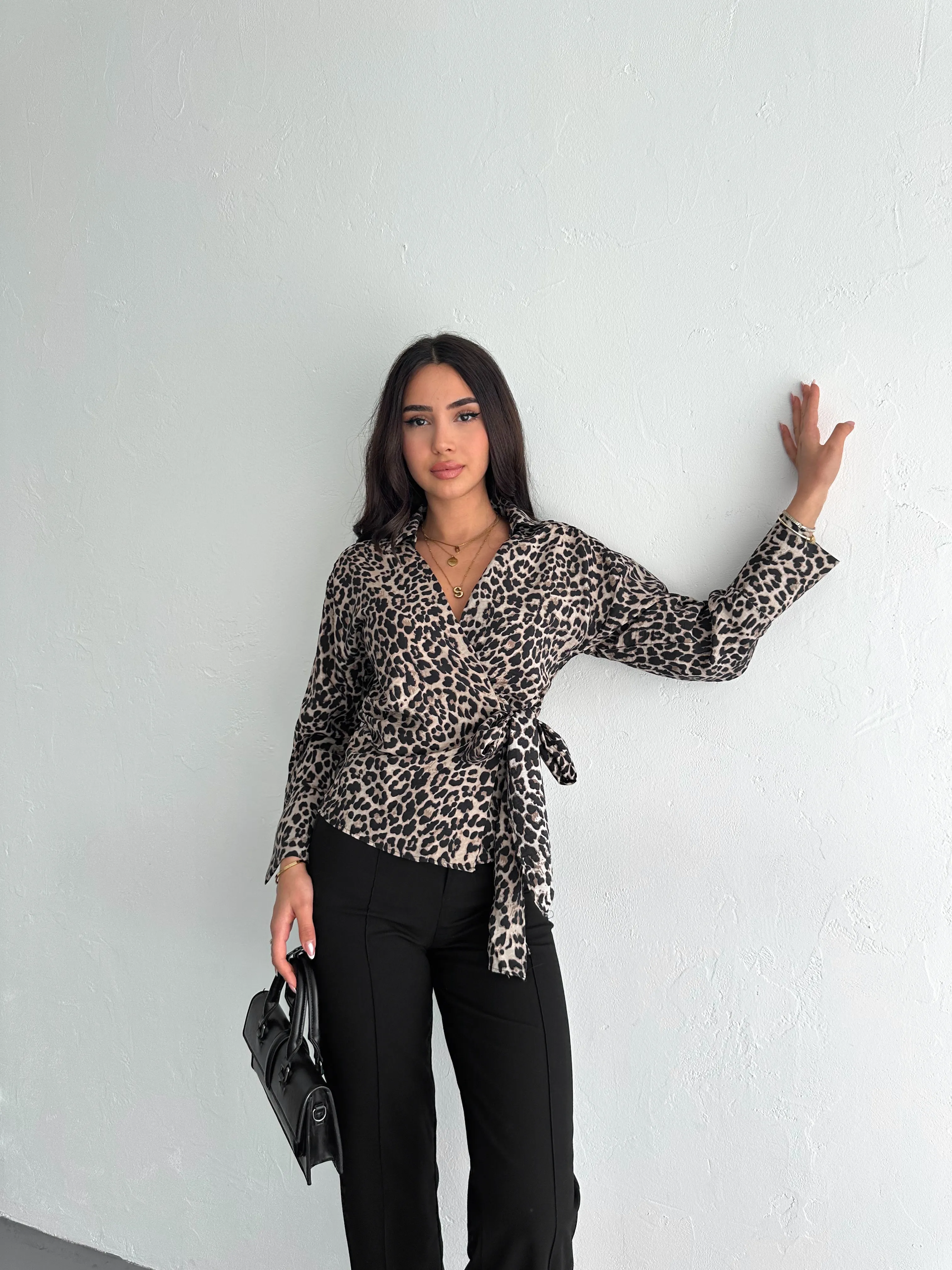 Leopar Kumaş Gömlek  Kahverengi&Bej
