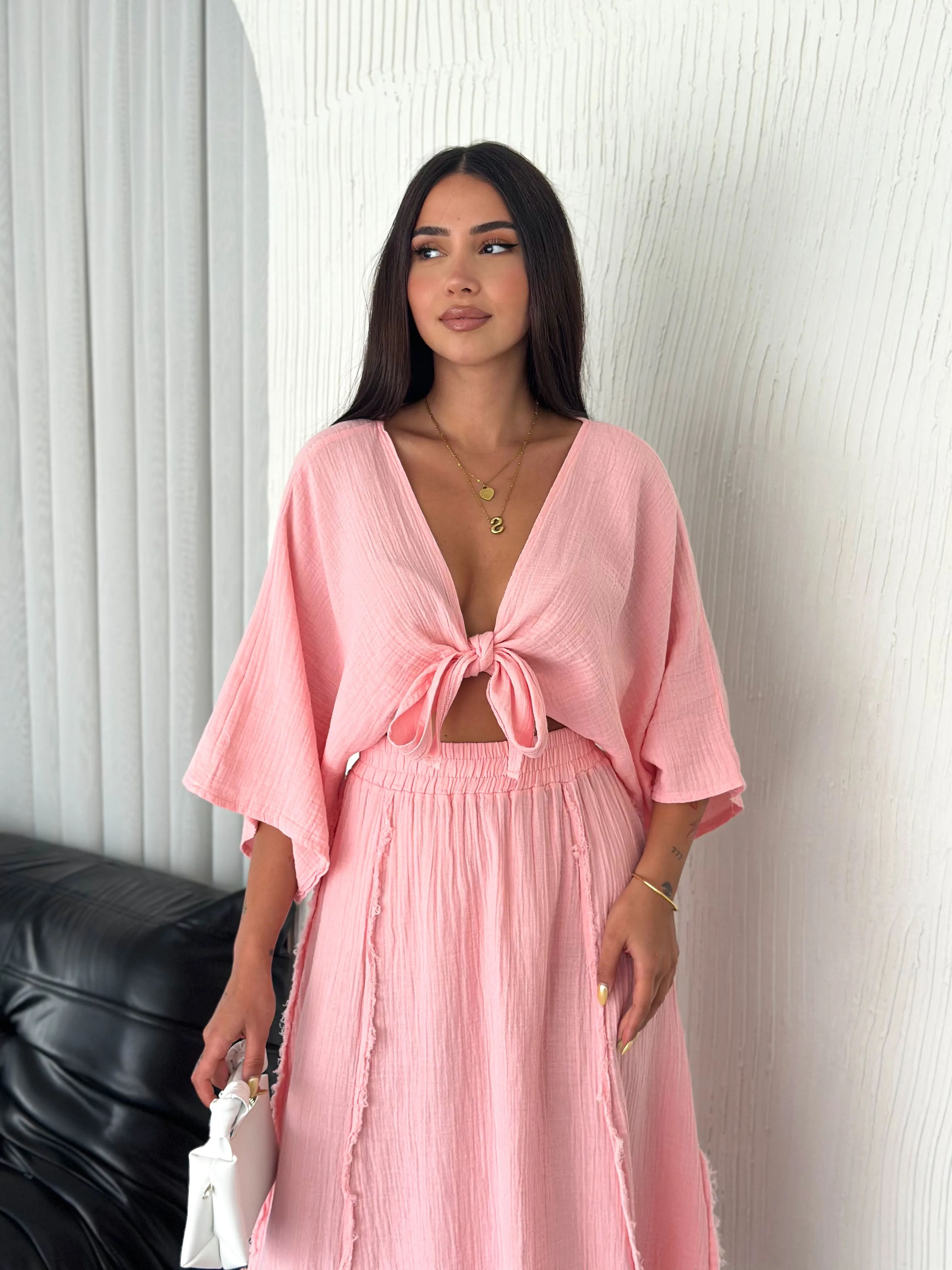 Müslin Kumaş Bağlamalı Bluz  Pembe
