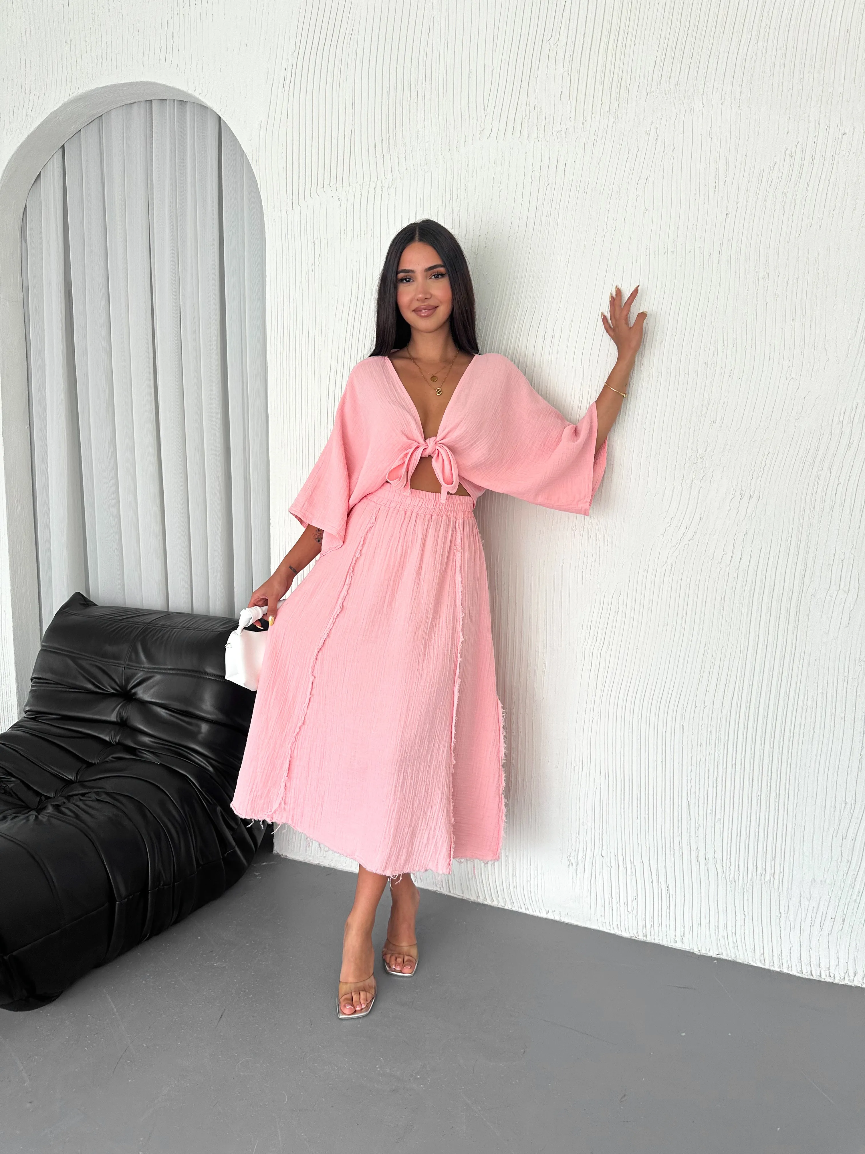 Müslin Kumaş Bağlamalı Bluz  Pembe