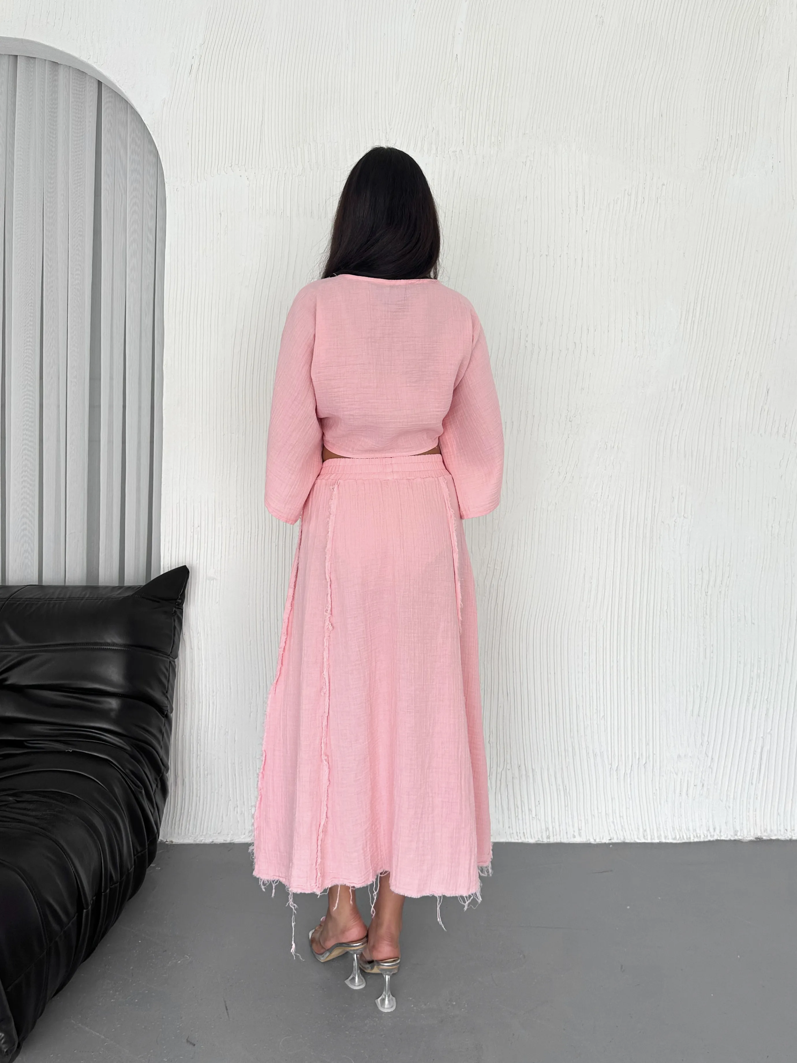 Müslin Kumaş Bağlamalı Bluz  Pembe