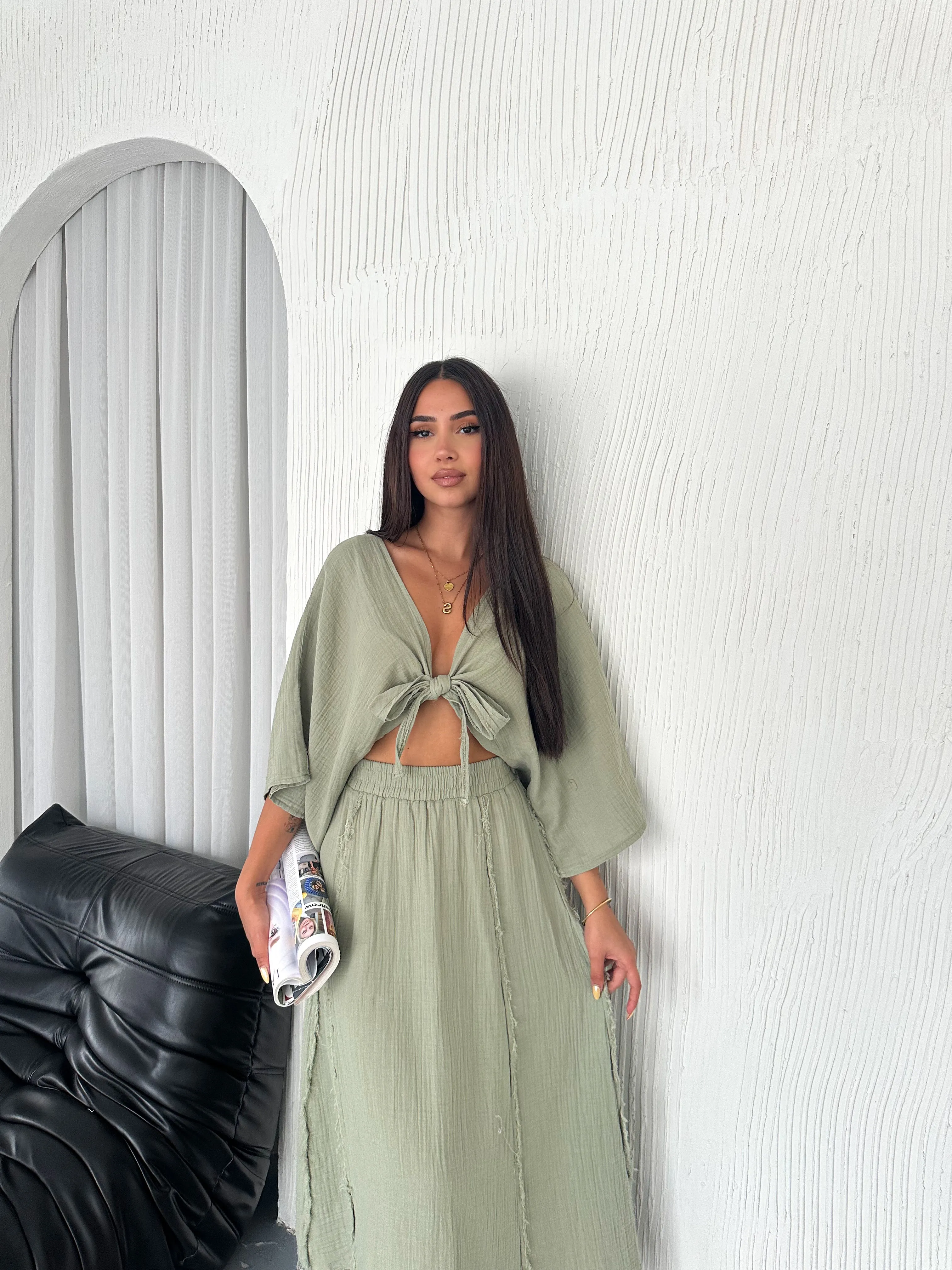 Müslin Kumaş Bağlamalı Bluz  Haki