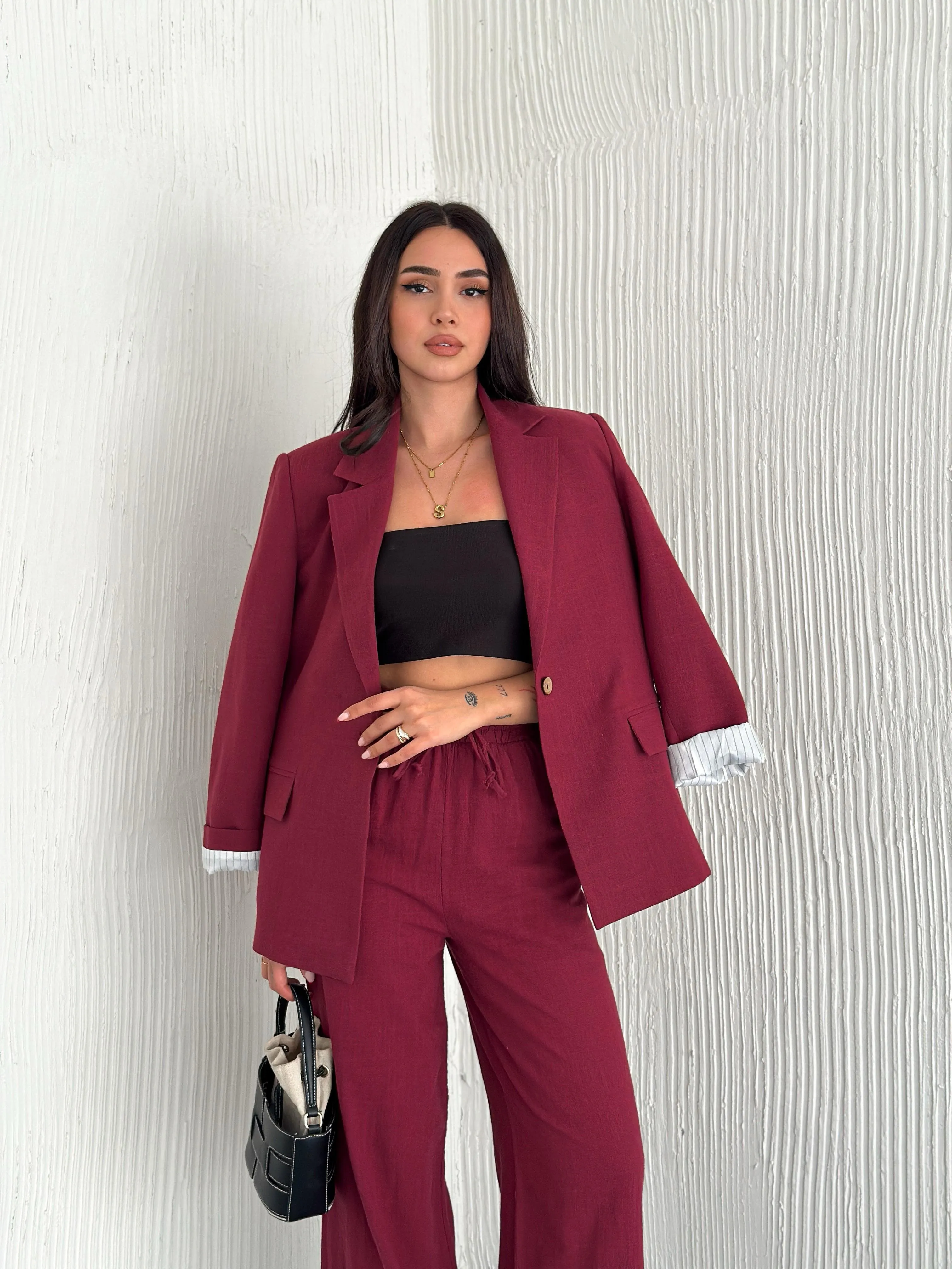 Çizgili İnce Keten Ceket  Bordo