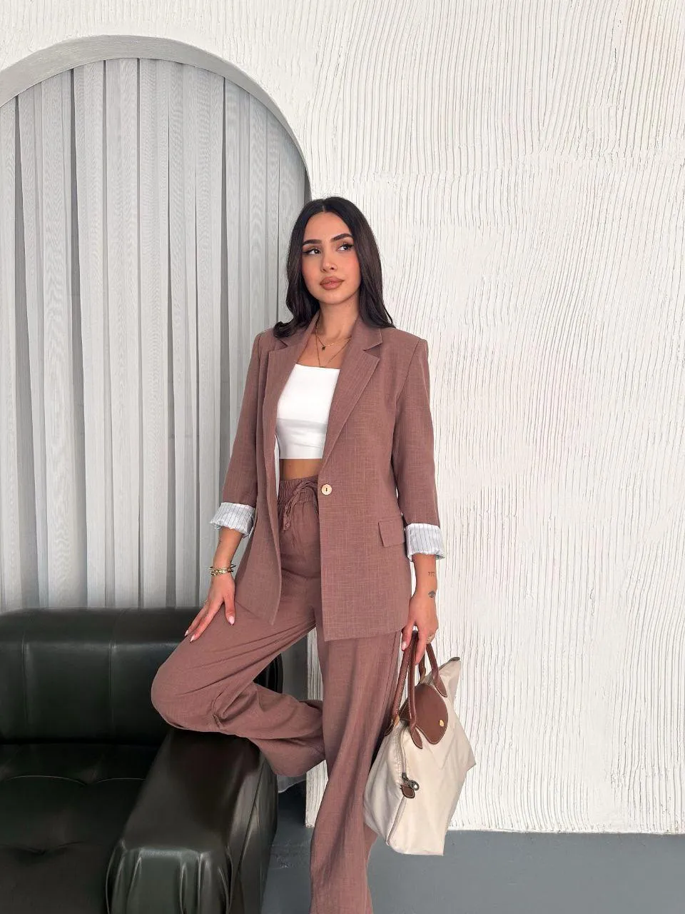 Çizgili İnce Keten Ceket  Marron