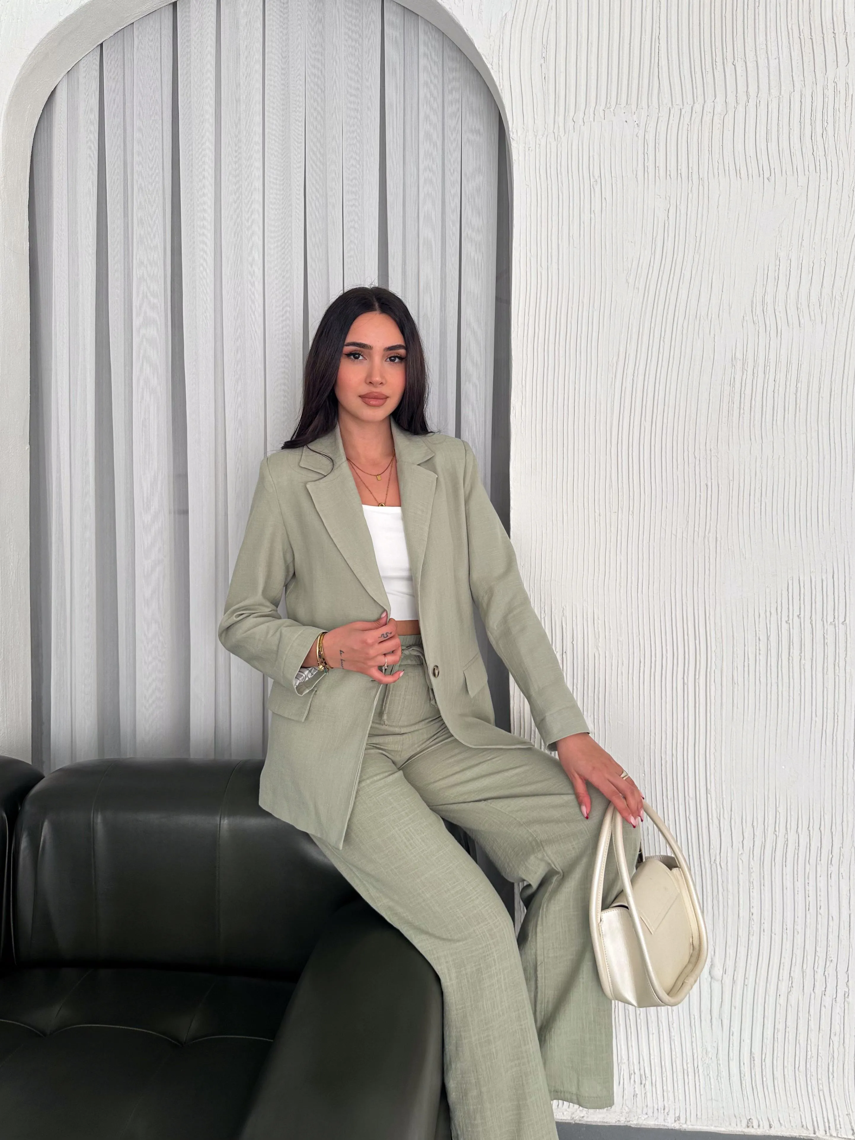 Çizgili İnce Keten Ceket  Haki