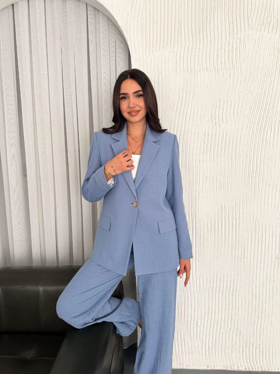 Çizgili İnce Keten Ceket  KoyuMavi