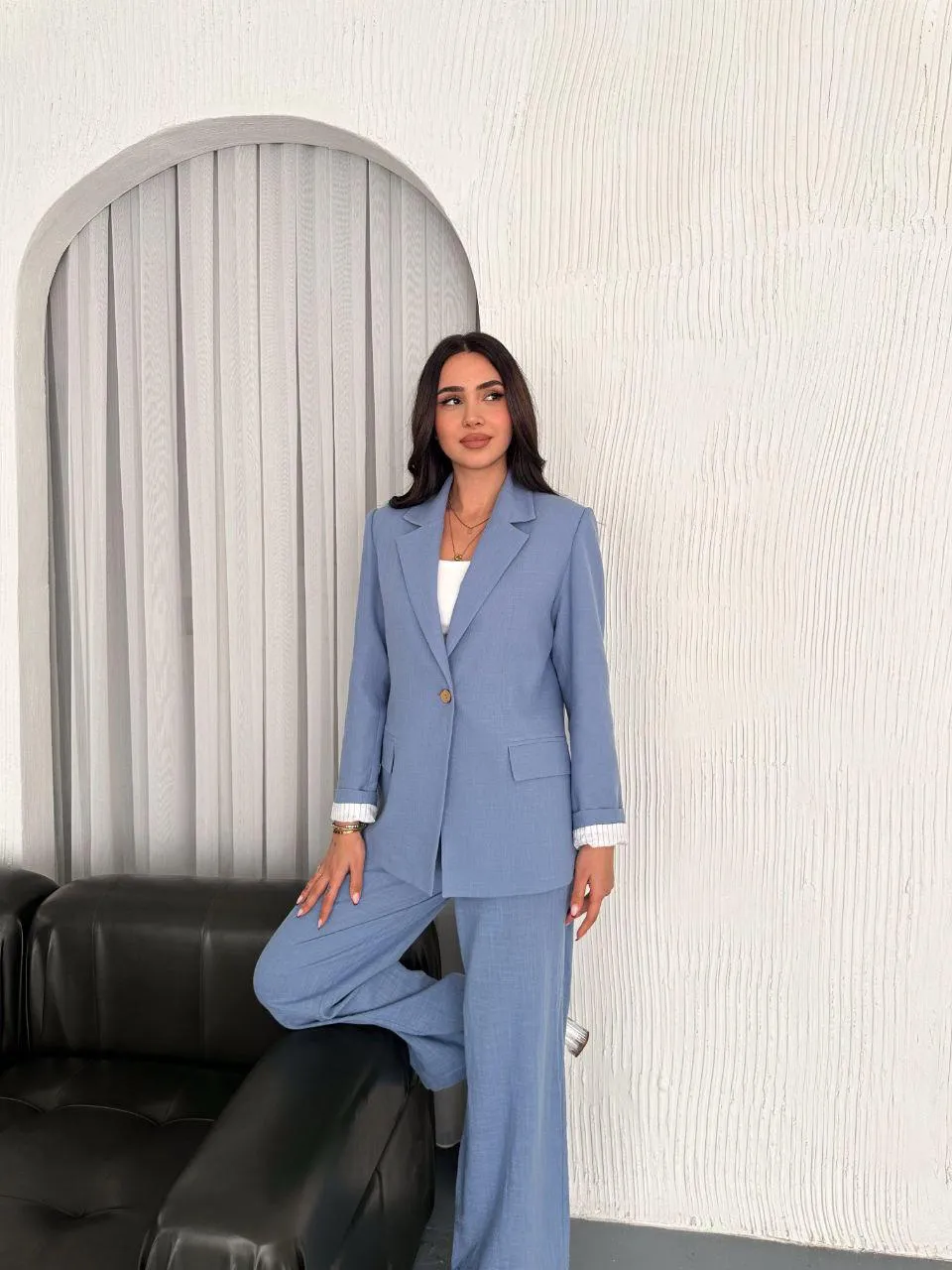 Çizgili İnce Keten Ceket  KoyuMavi