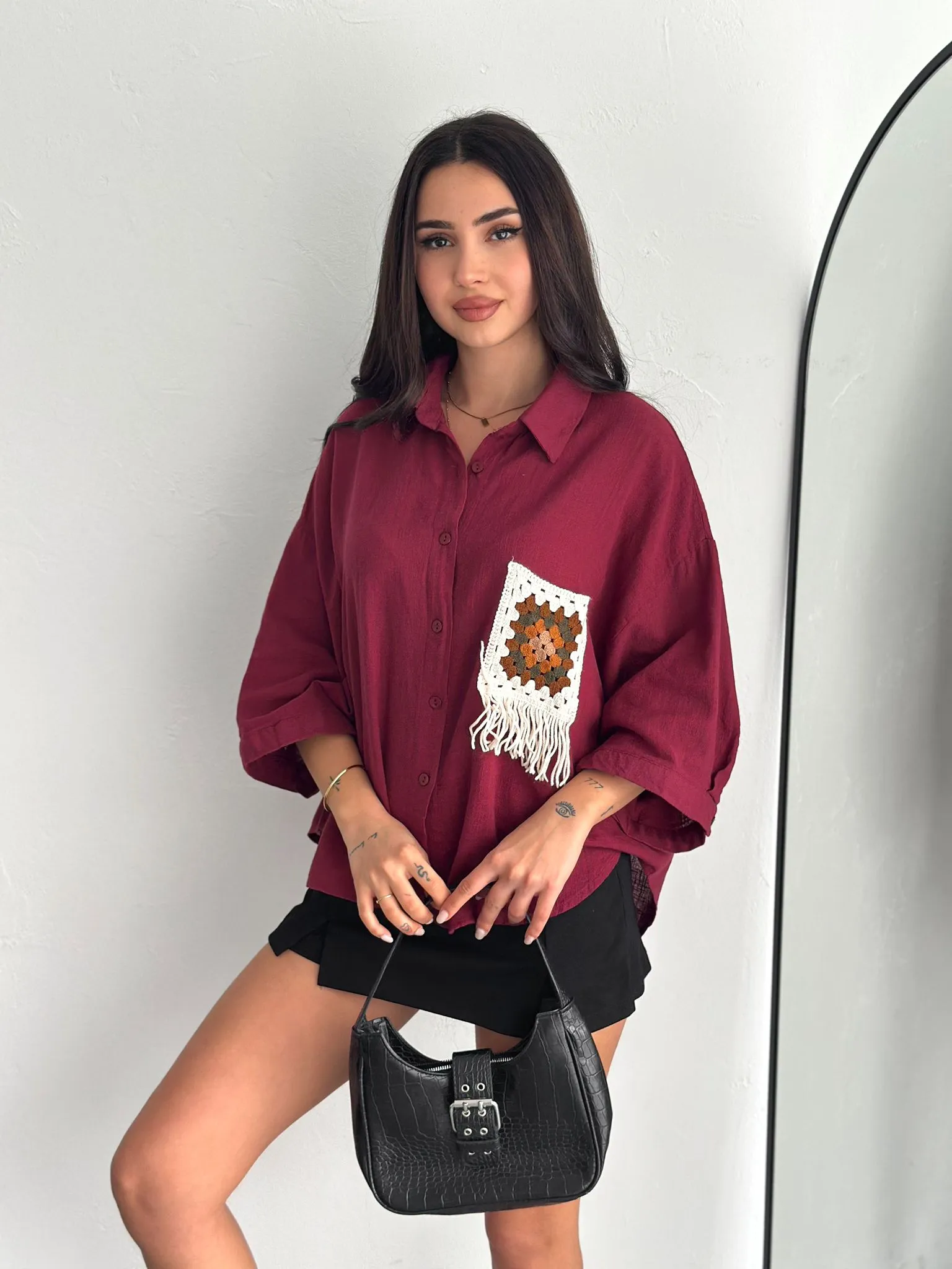 Cep Nakış Detaylı Gömlek  Bordo
