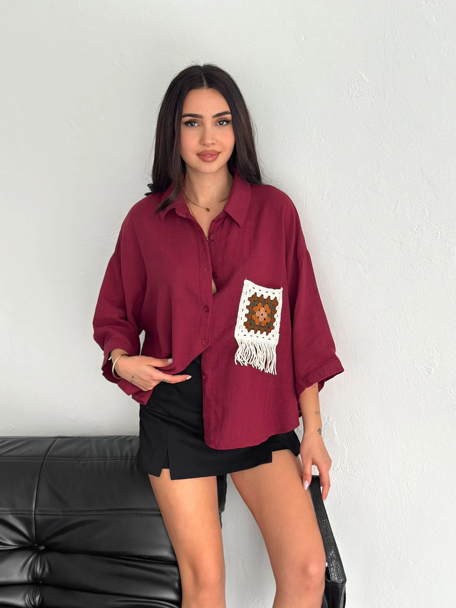 Cep Nakış Detaylı Gömlek  Bordeaux