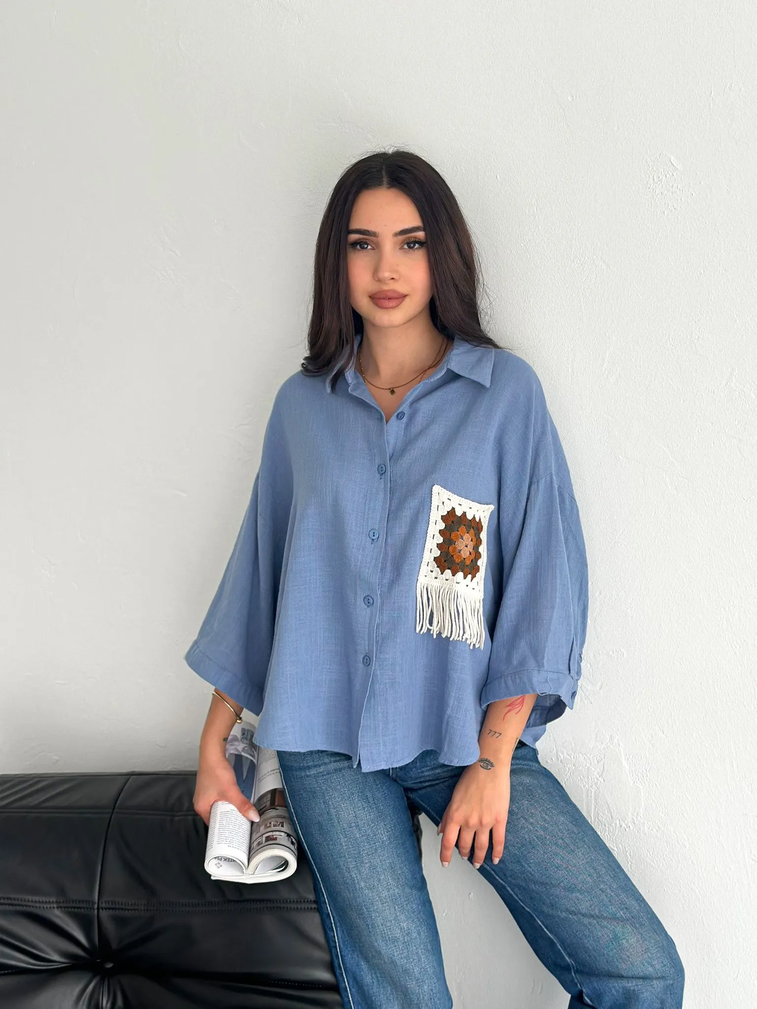 Cep Nakış Detaylı Gömlek  KoyuMavi