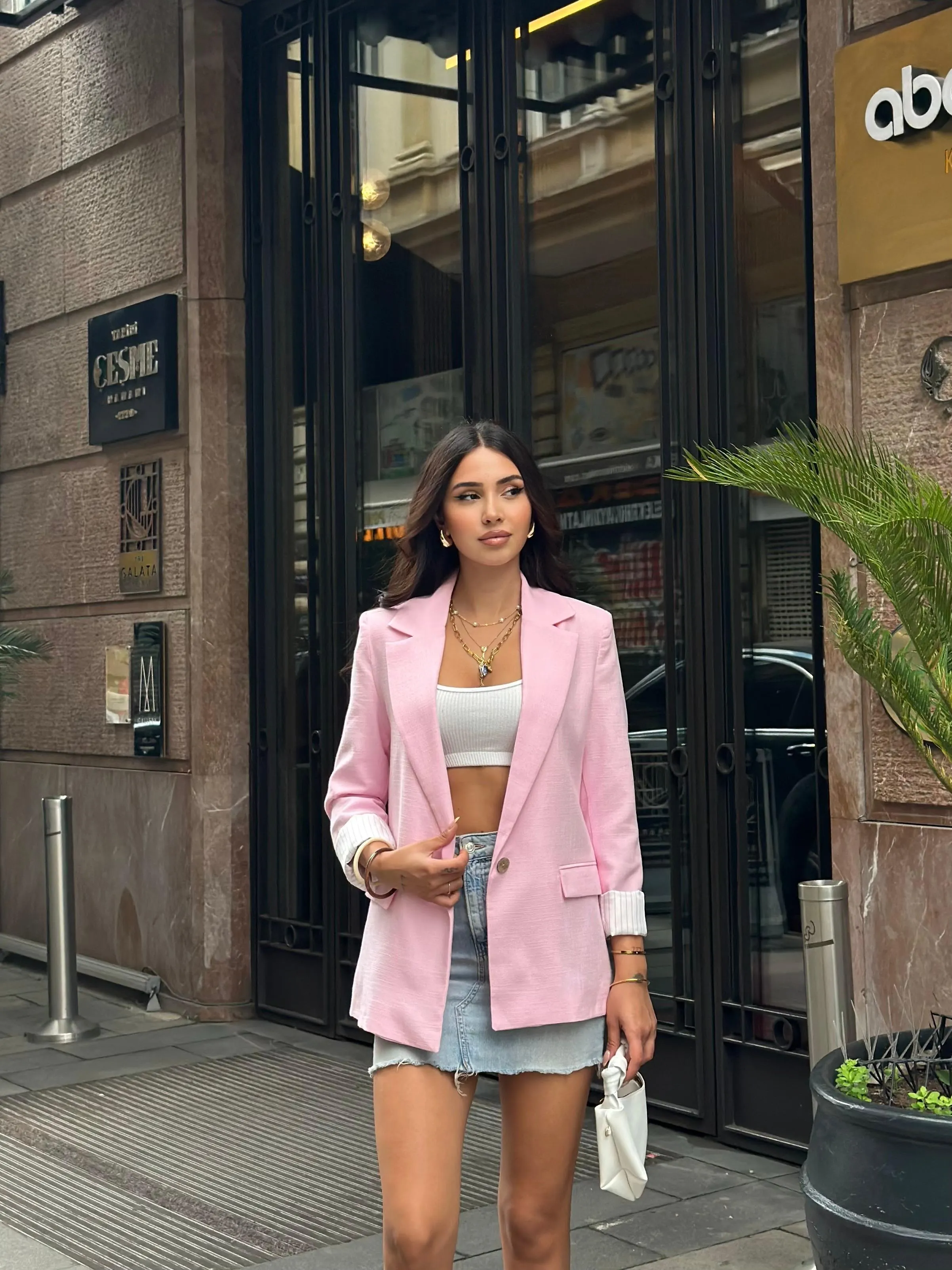 Çizgili İnce Keten Ceket  Pembe