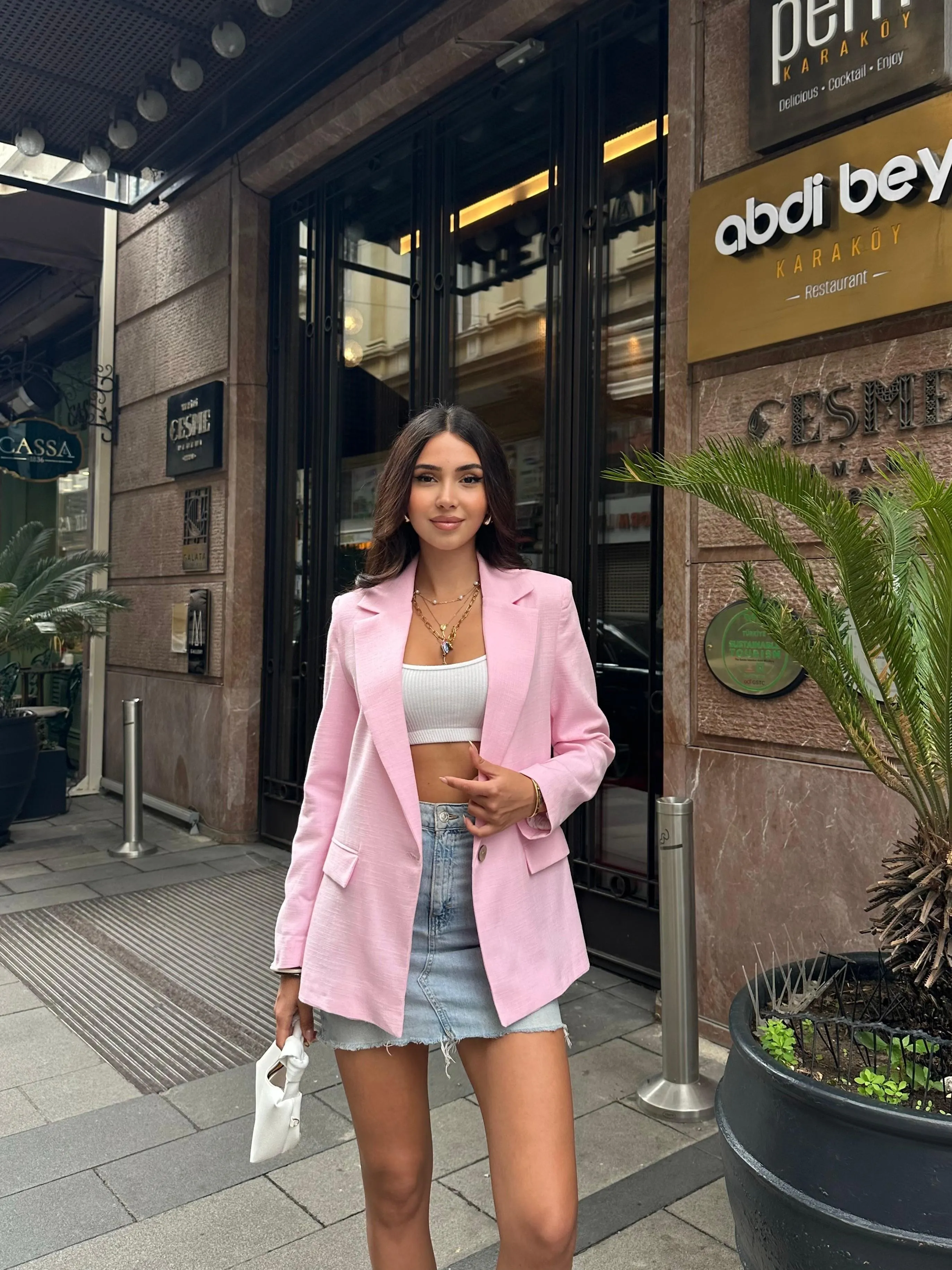 Çizgili İnce Keten Ceket  Pembe
