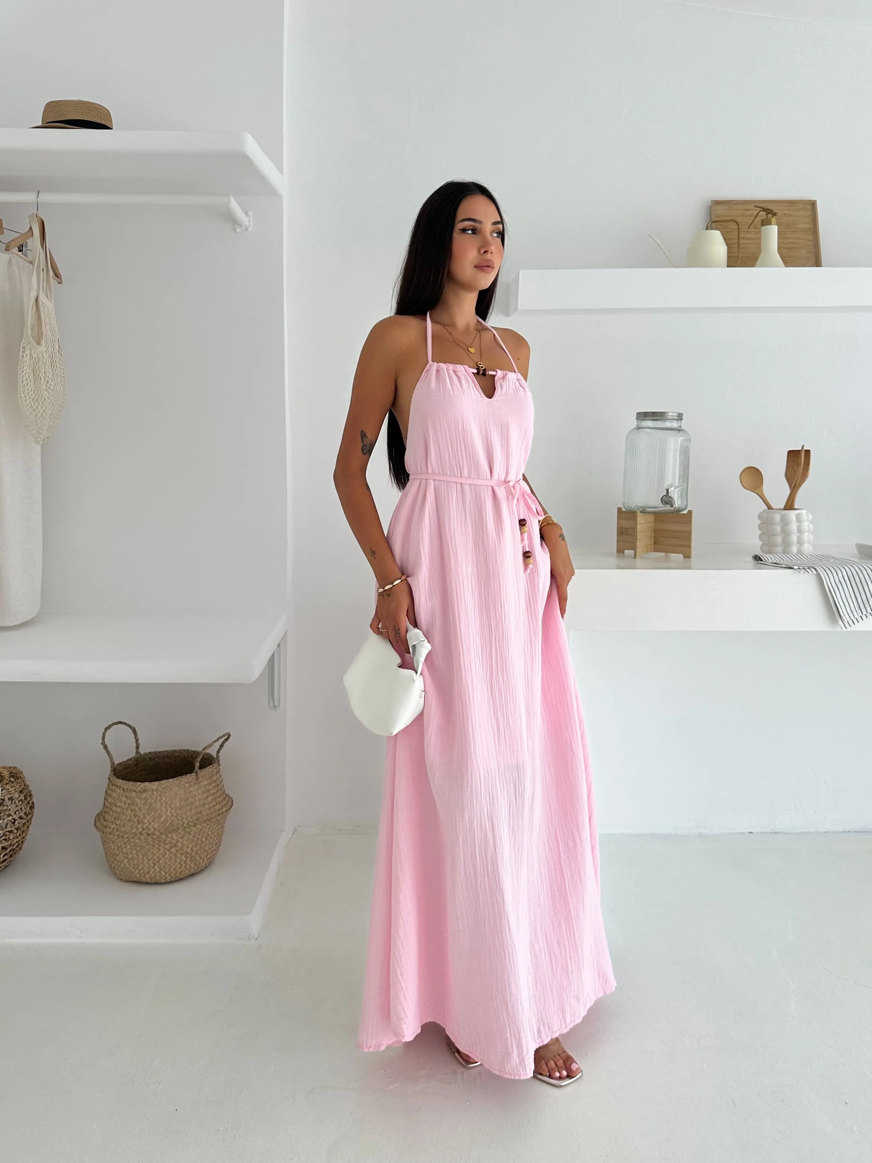 Müslin Kumaş Sırt Dekolteli Elbise  Pembe