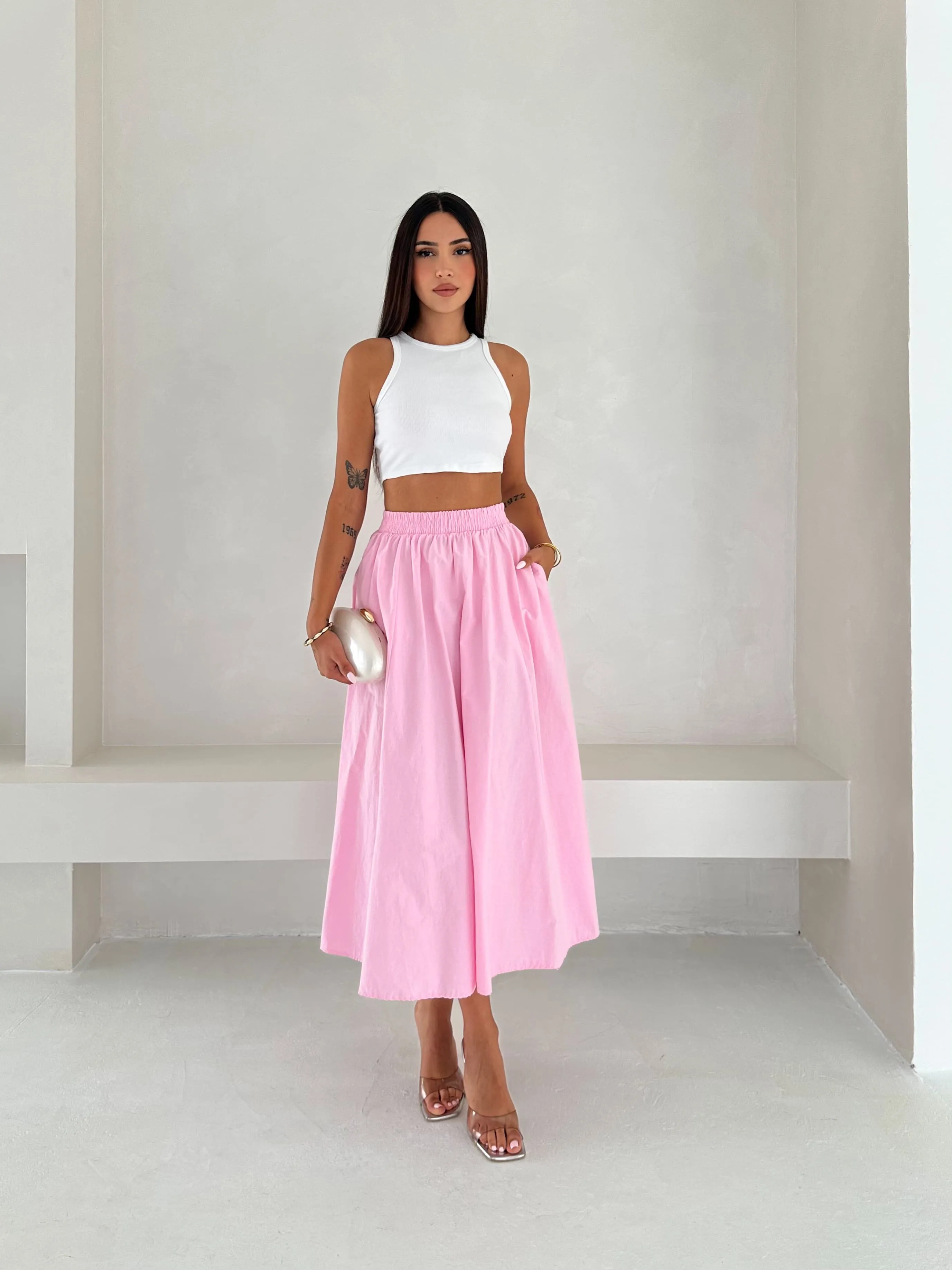 Cepli Beli Lastikli Kloş Etek  Pembe