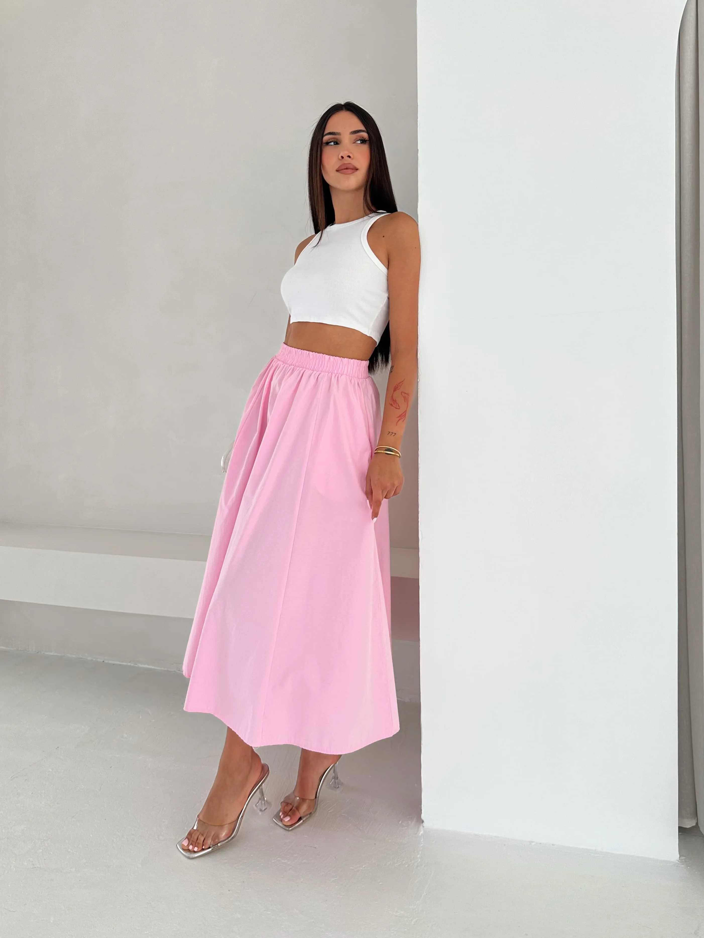 Cepli Beli Lastikli Kloş Etek  Pembe