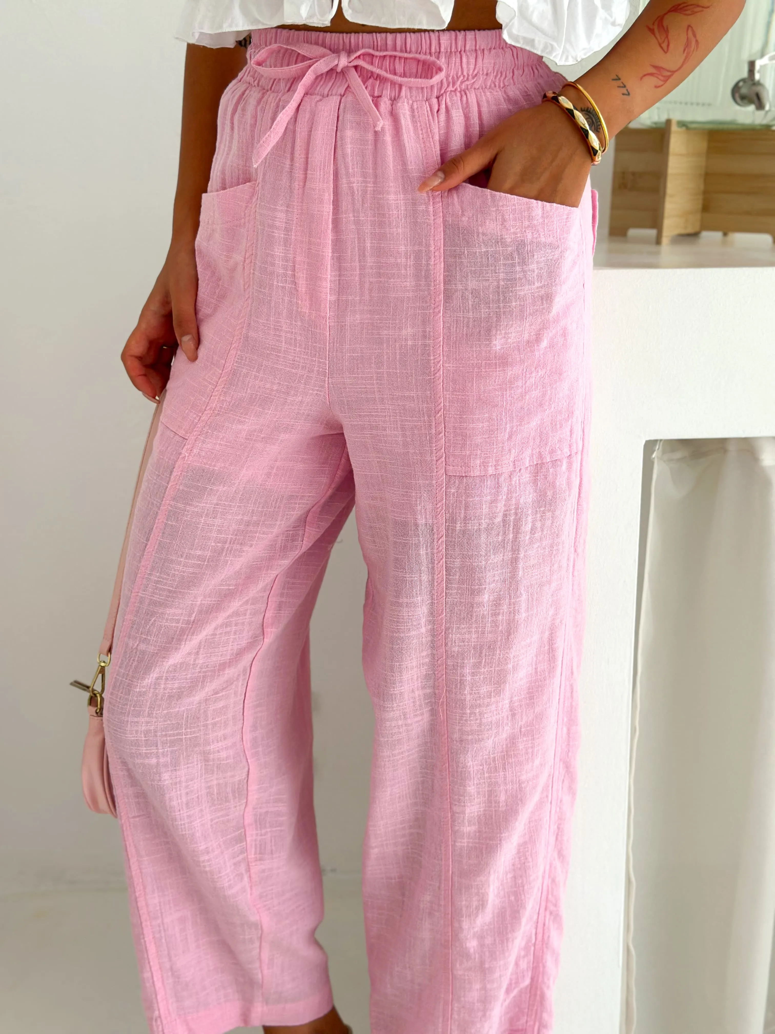 Keten Ön Cepli Pantolon  Pembe